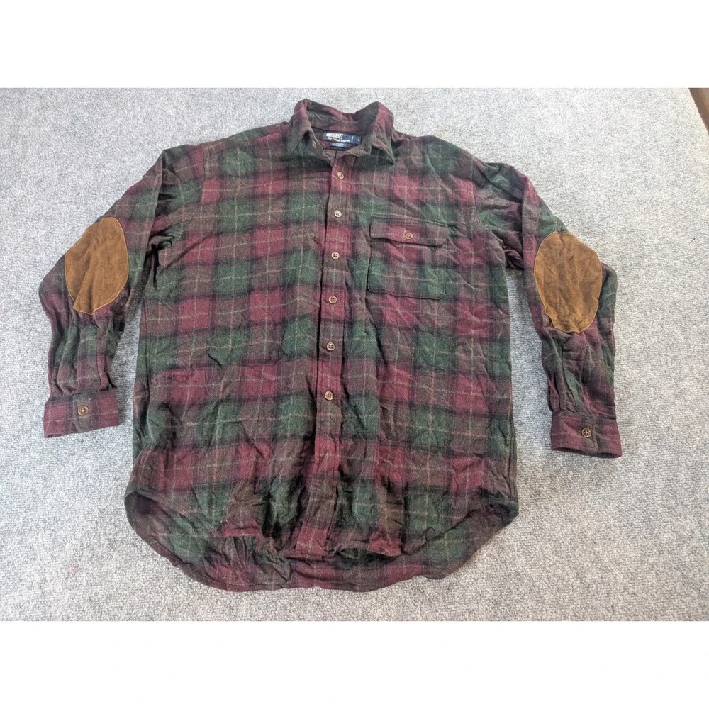 Vintage Polo Ralph Lauren Shirt Mens L  Plaid Patch Elbow Made In USA 100% Wool